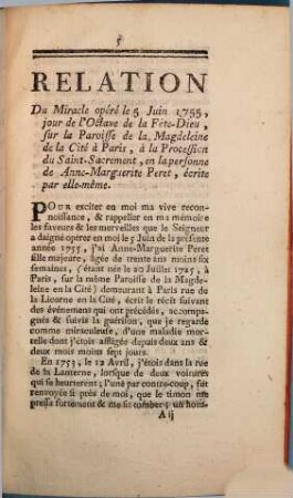 Relation du Miracle, opéré 5. Juin 1755 sur la Paroisse de la Magdeleine
