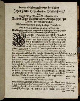 Dem [...] Johan Carlen Schencken von Schweinßberg/ Und Der [...] Frawen Annae Catharinae von Wangenheym/ [...]