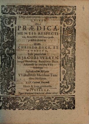 Disputationum Logicarum Quinta De Praedicamentis Respectivis, & mixtis, nec non postpraedicamentis
