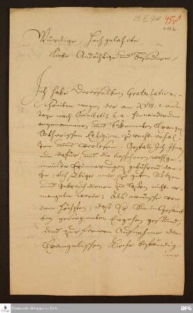 Brief von Moritz Wilhelm Herzog v. Sachsen-Zeitz an die Theologische Fakultät der Universität Halle.