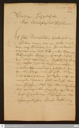 Brief von Moritz Wilhelm Herzog v. Sachsen-Zeitz an die Theologische Fakultät der Universität Halle.