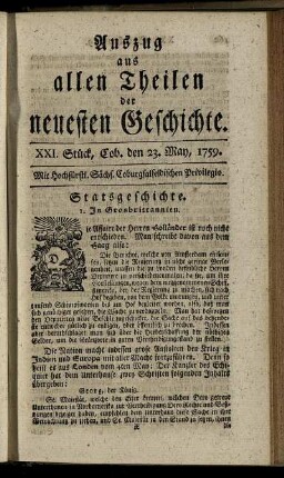 XXI. Stück, Cob. den 23. May, 1759.