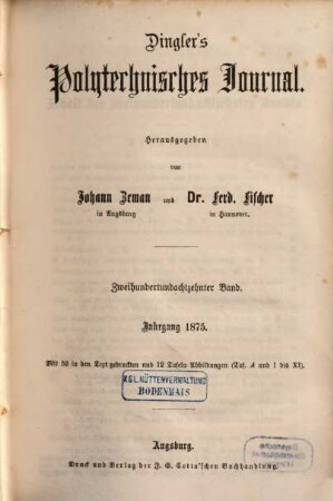 Dingler's polytechnisches Journal. 218. 1875 = 5. Reihe Bd. 18