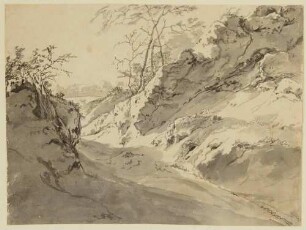 Hohlweg zwischen bewachsenen Felsen