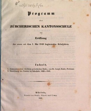Programm der Zürcherischen Kantonsschule. 1848/49 (1848)