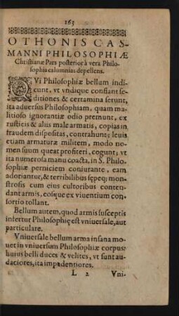 Othonis Casmanni Philosophiae Christianae Pars posterior a vera Philosophia calumnias depellens.