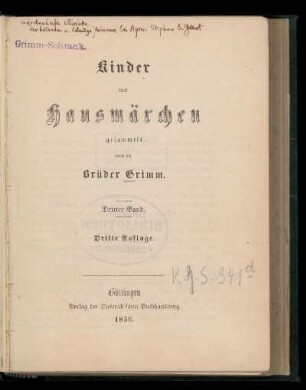 Dritter Band: Kinder- und Hausmärchen