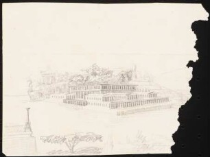 Säulenhallenkomplex auf Insel in griechischer Landschaft: Perspektivische Ansicht (Entwurf, Reiseskizze?)