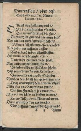 Baurenklag/ uber deß Bapsts Gregorii 13. Newen Calender. 1584.