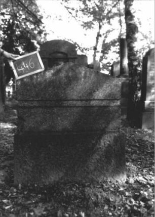 Grabstein 446 (Index: 100111724) Material: Granit Zustand: gut, Stele fehlt Maße HxBxT: 105x92x26 cm Beschreibung: getreppter Sockel, Giebel: Grabstein 446