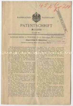 Patentschrift einer Ablegevorrichtung für Mähmaschinen, Patent-Nr. 112358