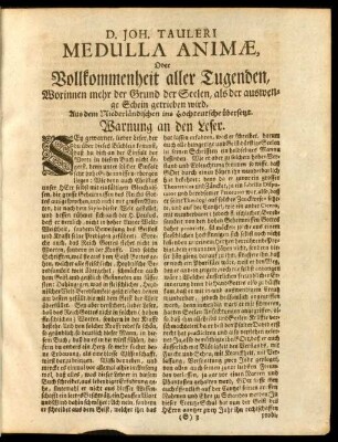 D. Joh. Tauleri Medulla Animae, Oder Vollkommenheit aller Tugenden ...