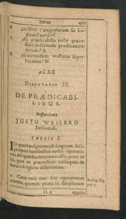Disputatio III. De Praedicabilibus. Respondente Justo Weilero