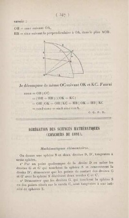 Agrégation des sciences mathématiques (concours de 1891).