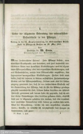 I. Ueber die allgemeine Bedeutung der mineralischen Bestandtheile in den Pflanzen. : Vortrag in der 64. Hauptversammlung der Oekonomischen Gesellschaft im Königreich Sachsen am 28. Mai 1851.