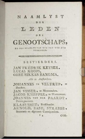 Naamlyst der leden des genootschaps, zo als dezélve van tyd tot tyd zyn verkoren.