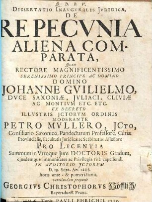 Dissertatio Inauguralis Juridica, De Re Pecunia Aliena Comparata