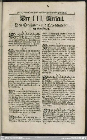 Der III. Articul. Von Freyheiten, und Gerechtigkeiten der Erbstollen