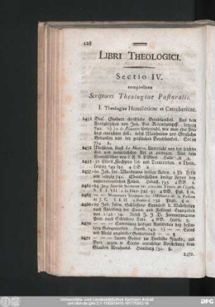 Libri Theologici. Sectio IV. complectens Scriptores Theologiae Pastoralis.