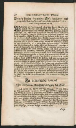 Der neunzehende Articul Von Purgation, oder Entschuldigung der That.