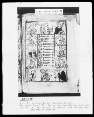 Psalter der Mechthild von Anhalt — Litaneiseite, umrahmt von Brustbildern der angerufenen Heiligen, Folio 189recto