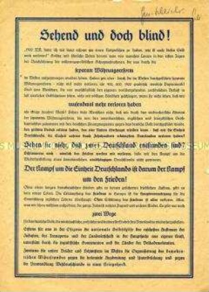 Propagandaflugblatt des Kreisvolksausschusses für Deutschlands Einheit und gerechten Frieden Großenhain gegen die separate Währungsreform