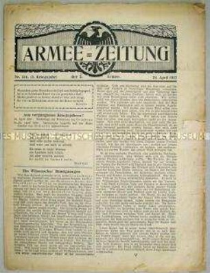 Nachrichtenblatt der 2. Armee "Armee-Zeitung" u.a. zum Friedensangebot von US-Präsident Wilson