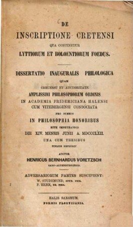 De inscriptione Cretensi qua continetur Lyttiorum et Boloentiorum foedus