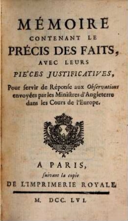 Mémoire contenant le Precis des faits