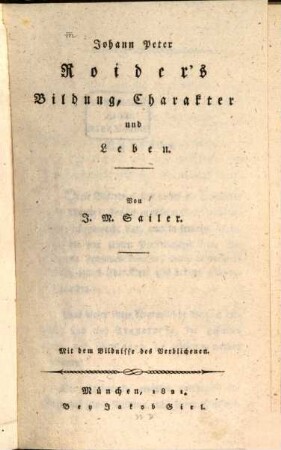 Johann Peter Roider's Bildung, Charakter und Leben