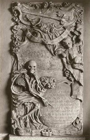 Denkmal für Andreas Rietschier : Denkmal für Andreas Rietschier. Sandstein (nach 1711). Bautzen, Taucherkirche, Vorhalle