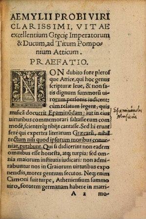 Liber Aemylii Probi Historiographi Veteris Et Praeclari, de vitis excellentium Graeciae Principum et Ducum, ad T. Pomponium Atticum, Ciceronis familiarem