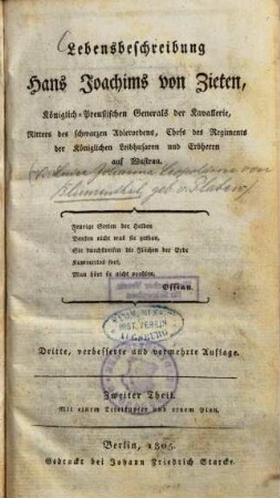 Lebensbeschreibung Hans Joachims von Zieten, Königlich-Preussischen Generals der Kavallerie ..., 2.