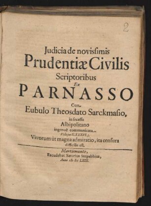 Iudicia de novissimis Prudentiae Civilis Scriptoribus Ex Parnasso