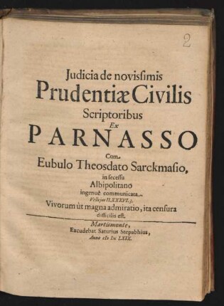Iudicia de novissimis Prudentiae Civilis Scriptoribus Ex Parnasso