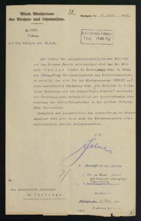 Korrespondenz: Antrag d. Lehrauftrags für Missionskunde & Vergütung (1919-1920)