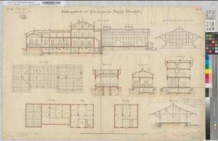 Empfangsgebäude mit Güterschuppen für Bahnhof Lüdenscheid, Blatt 2: Grundrisse, Schnitte, Sparrenlage, M. 1:100 Stnr.: 80, Hge, Bunr.: 3, Blnr.: 2