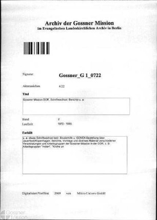 Gossner Mission DDR, Schriftwechsel, Berichte u. a.