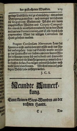 Neundte Anmerkkung. Einer kleinen Stos-Wunden an der rechten Handt.