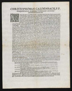 Christophorus Caldenbach, P. P. Eloquentiae in Academia Tubingensi Studiosis Salutem humaniter dicit