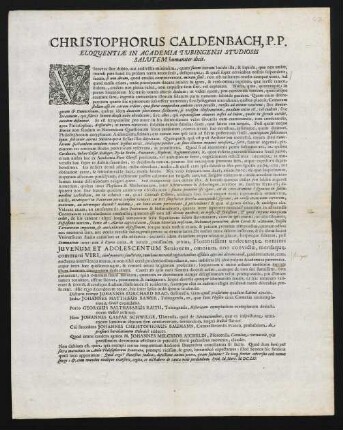 Christophorus Caldenbach, P. P. Eloquentiae in Academia Tubingensi Studiosis Salutem humaniter dicit