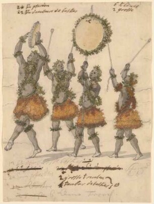 Kostümentwurf: Vier bekränzte Männer in Röcken mit Tambourins (Gefolge des Dionysos?)