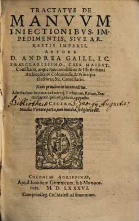 Tractatvs De Manvvm Iniectionibvs, Impedimentis Sive Arrestis Imperii