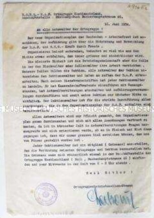 Rundschreiben der N.S.B.O.-D.A.F. zur Neustrukturierung der Betriebszellen