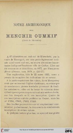 Sér. 4: Notice archéologique sur Henchir Oumkif (Cercle de Khenchela)