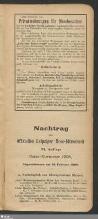 Nachtrag zum Offiziellen Leipziger Mess-Adressbuch 24. Auflage Oster-Vormesse 1908