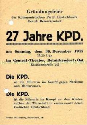Einladung zu einer Veranstaltung der KPD Berlin- Reinickendorf anlässlich des 27-jährigen Bestehens der Partei