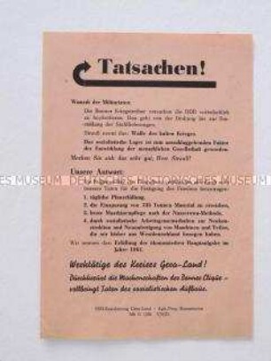 Propagandaflugblatt der SED-Kreisleitung Gera mit Polemik gegen die Bundesrepublik und dem Aufruf zur Planerfüllung