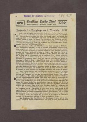 "Nochmals die Vorgänge am 9. November 1918"; Broschüre vom Deutschen Presse-Dienst