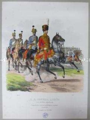 Uniformdarstellung, General, Brigade-Adjutant und Offiziere in Ungarischer Parade-Uniform zu Pferd, Österreich, 1840. Tafel aus: Trentsensky: K.K. Oesterreichische Armée nach der neuen Adjustirung.
